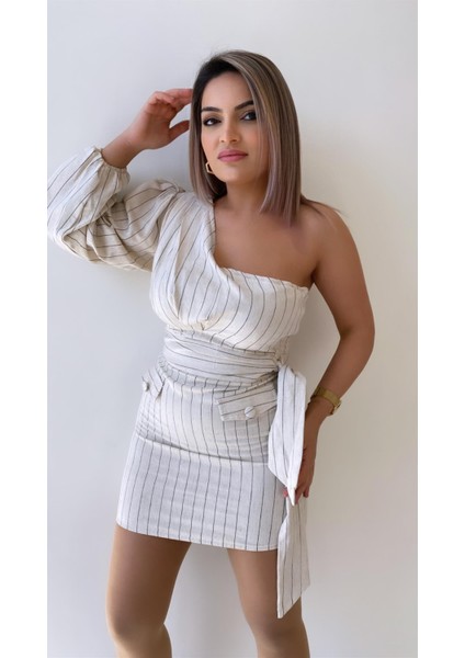 Tek Omuz Çizgili Keten Bluz Taş fırsatları