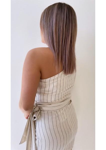 Tek Omuz Çizgili Keten Bluz Taş