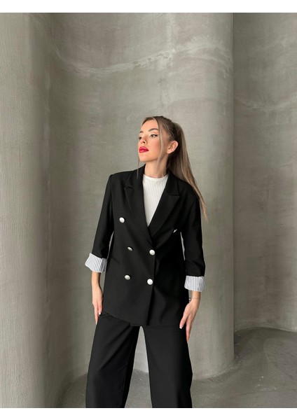 Gümüş Düğmeli Sırt Detaylı Tasarım Ceket Siyah