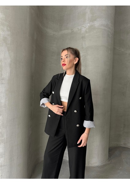 Gümüş Düğmeli Sırt Detaylı Tasarım Ceket Siyah
