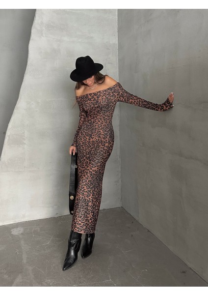 Madonna Yaka Leopar Elbise Kahverengi