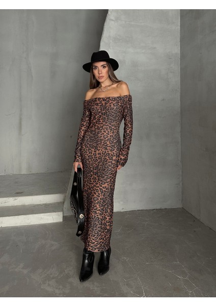 Madonna Yaka Leopar Elbise Kahverengi