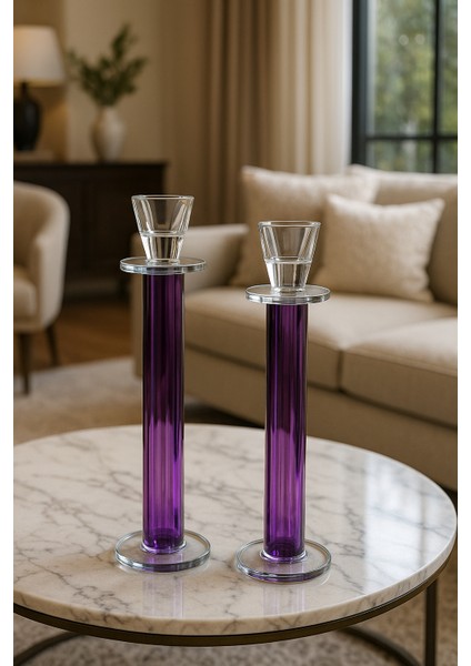 Dekoratif 2'li Kristal Papatya Cam Şamdan - Mor