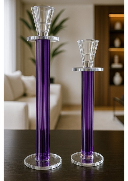 Dekoratif 2'li Kristal Papatya Cam Şamdan - Mor fiyatları