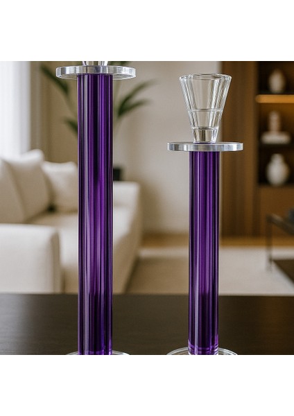 Dekoratif 2'li Kristal Papatya Cam Şamdan - Mor fırsatları