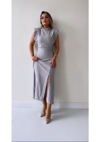 Vatkalı Balıkçı Yaka Yırtmaçlı Triko Elbise Gri