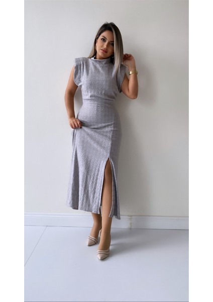 Vatkalı Balıkçı Yaka Yırtmaçlı Triko Elbise Gri modelleri