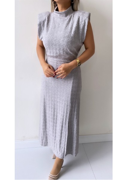 Vatkalı Balıkçı Yaka Yırtmaçlı Triko Elbise Gri