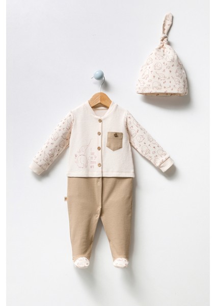 Organik Kumaş Önden Düğmeli Sevimli Fil Baskılı Bebek Tulum