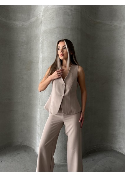 Çizgili Yelek Pantolon Takım Vizon modelleri