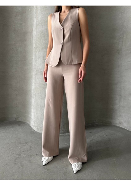 Çizgili Yelek Pantolon Takım Vizon fırsatları