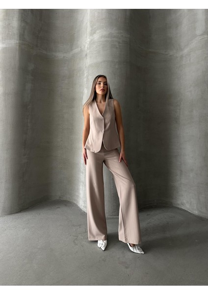 Çizgili Yelek Pantolon Takım Vizon indirimleri