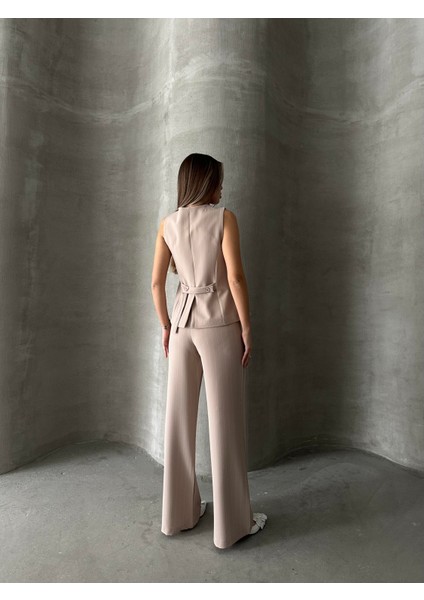 Çizgili Yelek Pantolon Takım Vizon