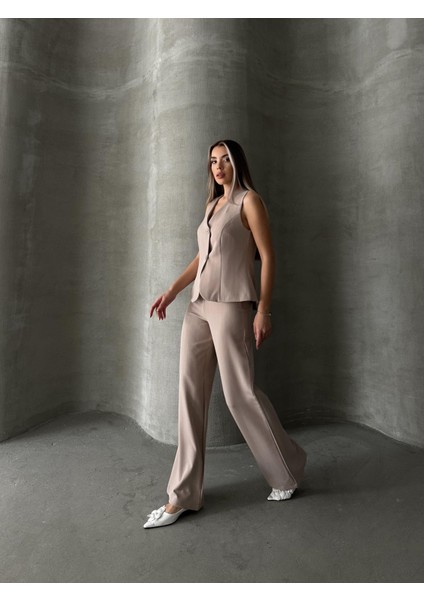 Çizgili Yelek Pantolon Takım Vizon