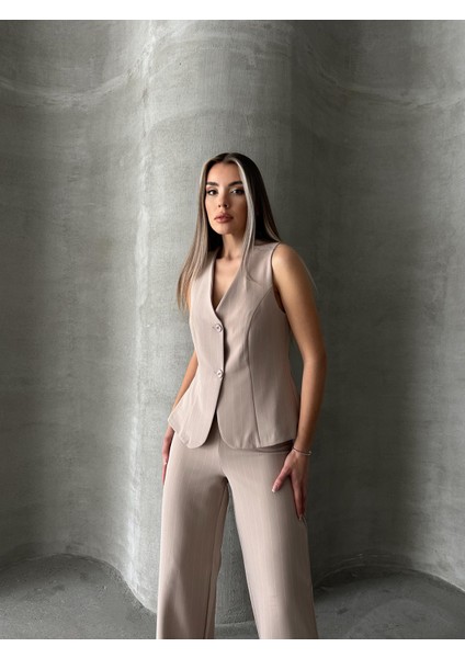 Çizgili Yelek Pantolon Takım Vizon