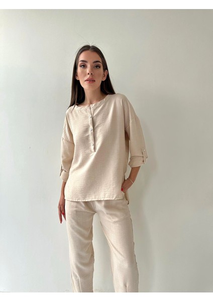 Belis Önü Düğmeli Keten Ikili Takım Taş fiyatları
