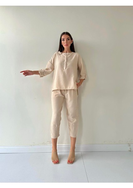 Belis Önü Düğmeli Keten Ikili Takım Taş modelleri