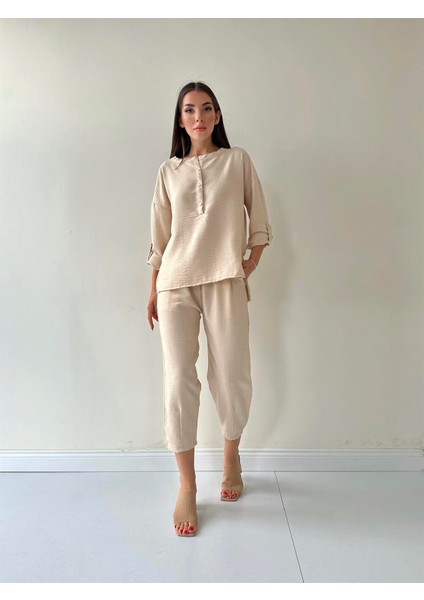 Belis Önü Düğmeli Keten Ikili Takım Taş fırsatları
