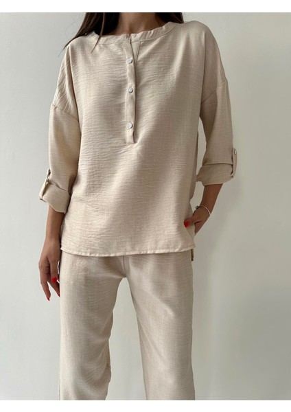 Belis Önü Düğmeli Keten Ikili Takım Taş indirimleri