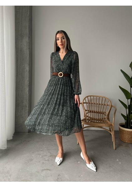 Pileli Puantiyeli Şifon Elbise Yeşil