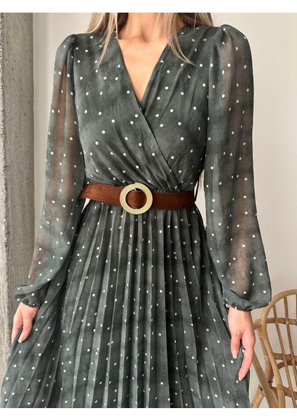 Pileli Puantiyeli Şifon Elbise Yeşil fiyatları