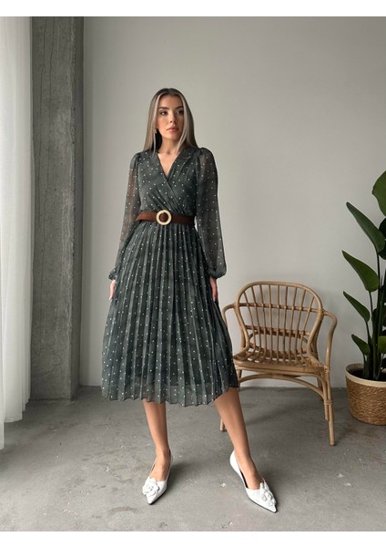 Pileli Puantiyeli Şifon Elbise Yeşil fırsatları