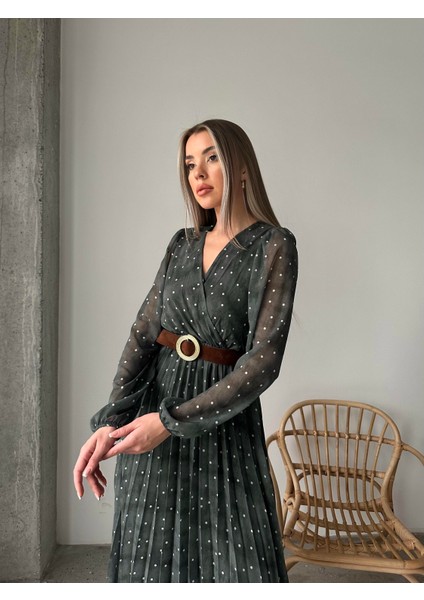 Pileli Puantiyeli Şifon Elbise Yeşil indirimleri