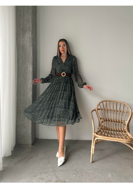 Pileli Puantiyeli Şifon Elbise Yeşil