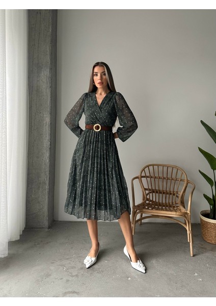 Pileli Puantiyeli Şifon Elbise Yeşil
