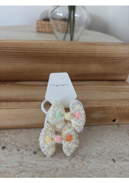 Pırıltılı Kurdela ve Pastel Gül Detaylı Toka Seti (Çift)