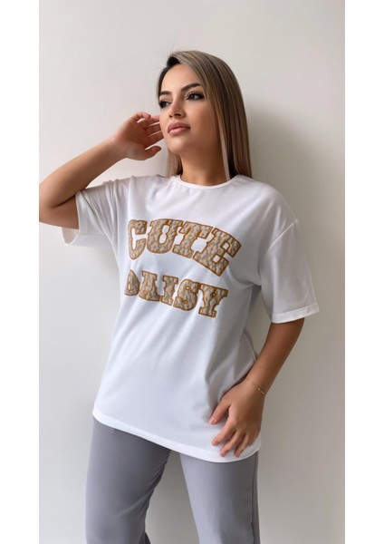 Kabartmalı Cute Daisy Tişört Ekru Bej modelleri
