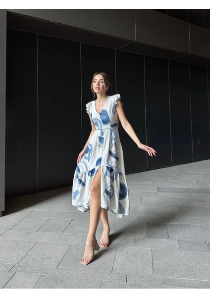 Asimetrik Volanlı Keten Elbise Mavi fiyatları