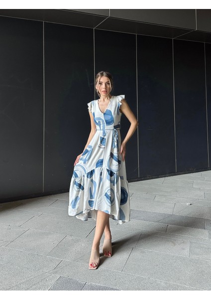 Asimetrik Volanlı Keten Elbise Mavi modelleri