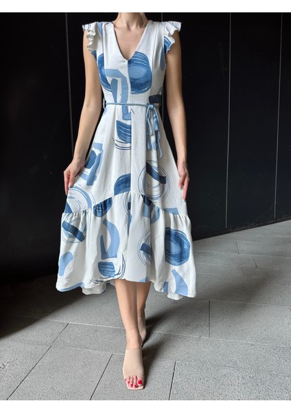 Asimetrik Volanlı Keten Elbise Mavi fırsatları