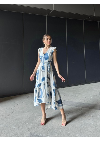 Asimetrik Volanlı Keten Elbise Mavi indirimleri