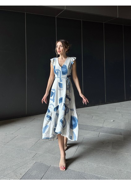 Asimetrik Volanlı Keten Elbise Mavi