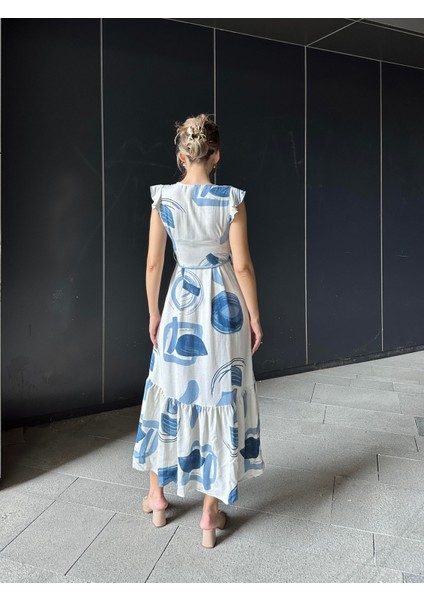 Asimetrik Volanlı Keten Elbise Mavi