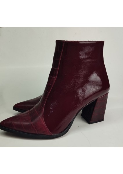 Kadın Hakiki Deri Kroko Detaylı Bordo Rugan Topuklu Bot
