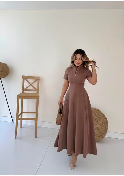 Pens Detaylı Fermuarlı Midi Elbise Camel fiyatları