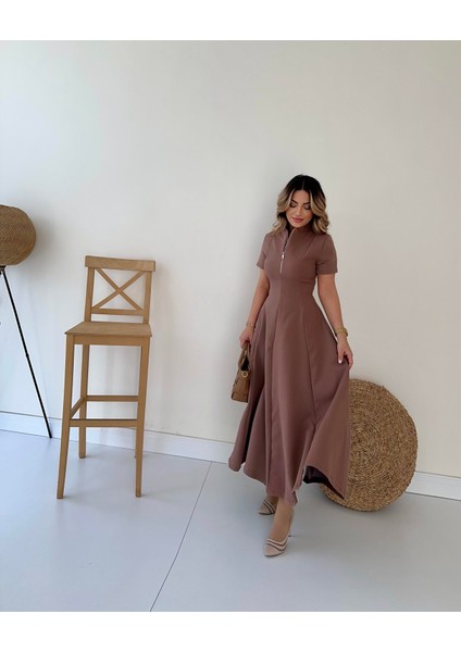 Pens Detaylı Fermuarlı Midi Elbise Camel indirimleri