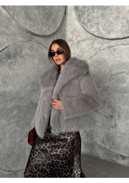Geniş Yaka Premium Kürk Kaban Gri fiyatları