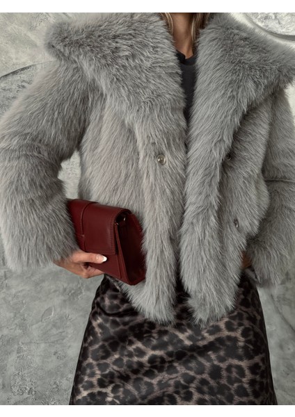 Geniş Yaka Premium Kürk Kaban Gri fırsatları