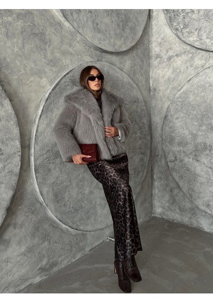 Geniş Yaka Premium Kürk Kaban Gri indirimleri