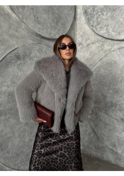 Geniş Yaka Premium Kürk Kaban Gri