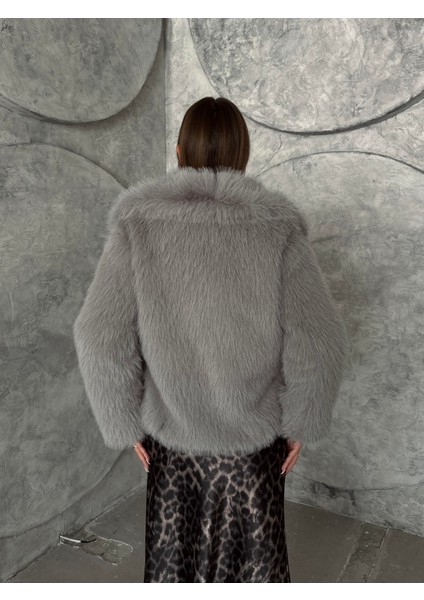 Geniş Yaka Premium Kürk Kaban Gri