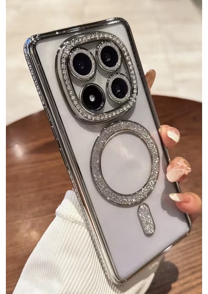 Redmi Note 14 Pro 4g-5g Uyumlu Taşlı Magsafe Şarj Özellikli Kamera Korumalı Simli Kılıf