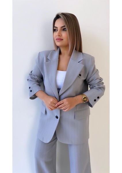 Çift Düğmeli Çizgili Atlas Ceket Gri