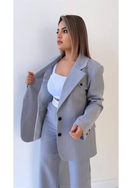 Çift Düğmeli Çizgili Atlas Ceket Gri fırsatları