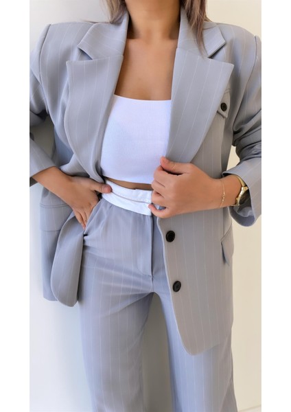 Çift Düğmeli Çizgili Atlas Ceket Gri indirimleri