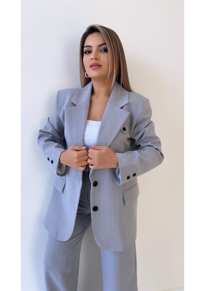 Çift Düğmeli Çizgili Atlas Ceket Gri
